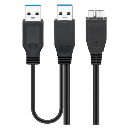 USB 3.0 kabel - 1x Micro USB naar 2x USB-A - 30 cm - zwart