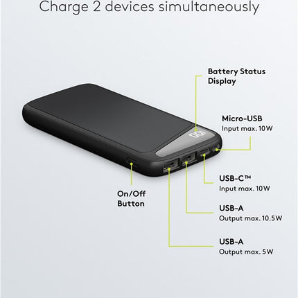 10.000 mAh powerbank  - 1x USB-C + 2x USB-A - Slimline