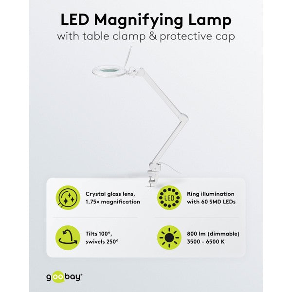 LED-Loeplamp met Tafelklem – Dimbaar – Instelbare Lichtkleur – 10 W – 1,75x Vergroting – Wit