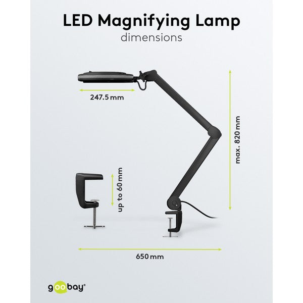 LED-Loeplamp met Klem – Dimbaar – 9 W – Kristalglas – 1,75x Vergroting – Zwart