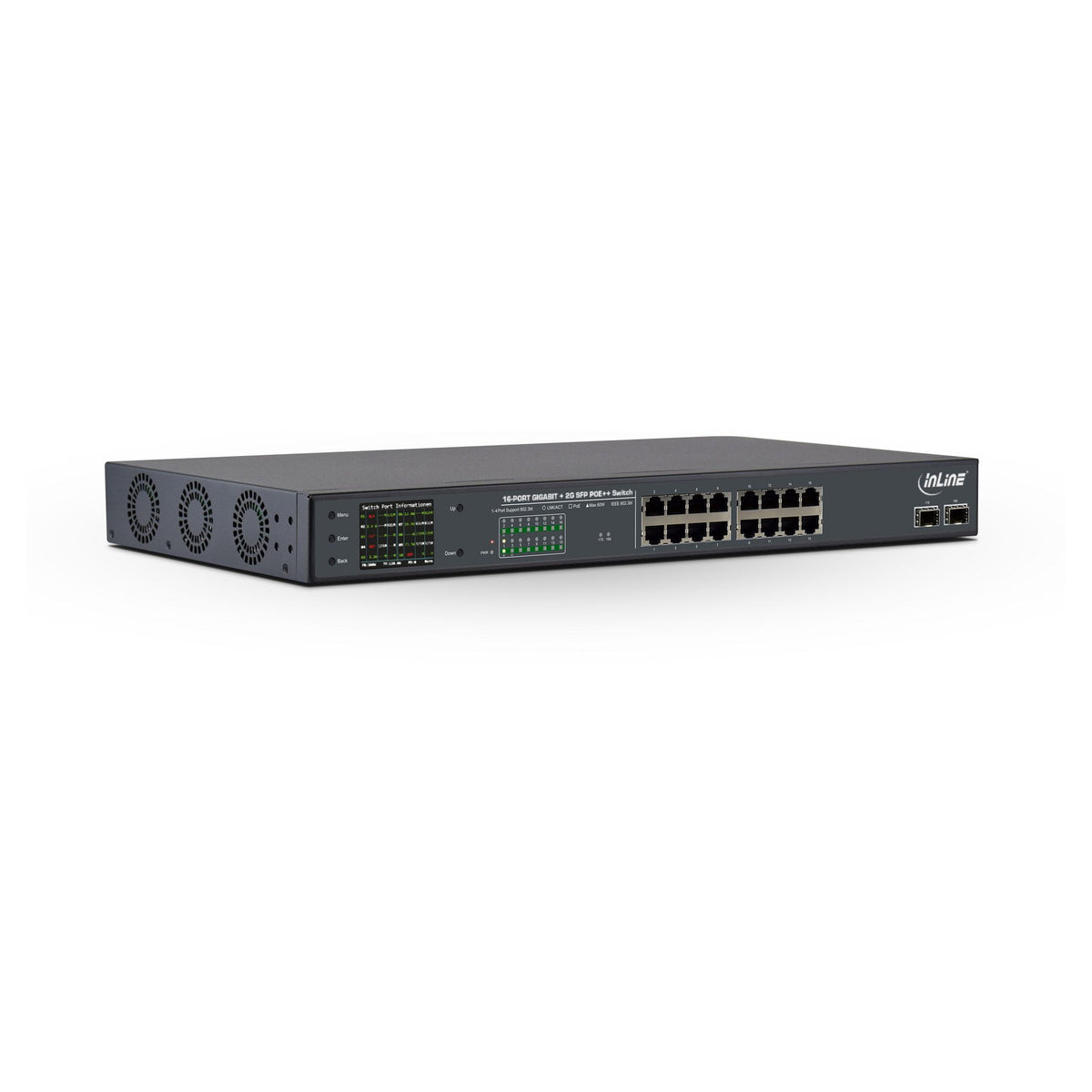 InLine 16-poorts Gigabit PoE++ netwerkswitch – 2× SFP – 19 inch 1U – met ventilator