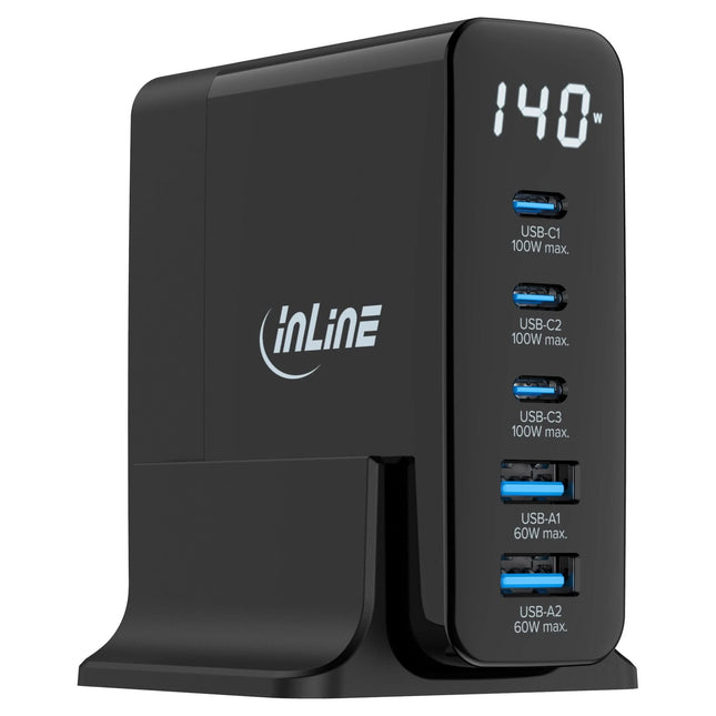 140W GaN USB-C/USB-A snellader met display – 5 poorten PD 3.0 / QC 3.0 – zwart