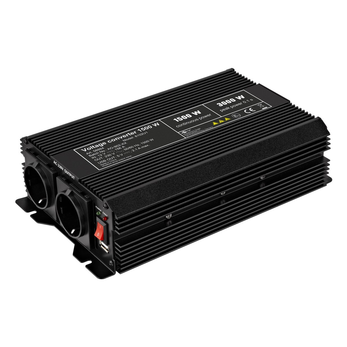 Goobay spanningsomvormer 12V naar 230V – 1500W – 2x Schuko – USB – Zwart