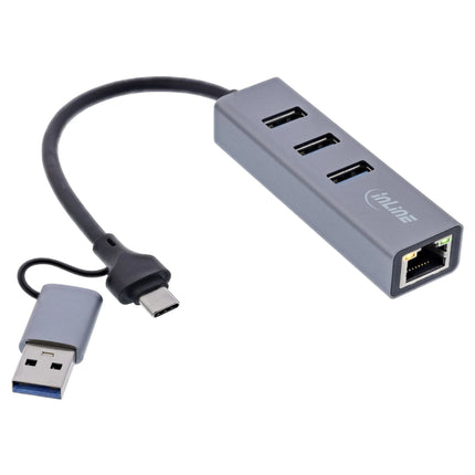 15 cm - USB-A / USB-C naar RJ45 + 3x USB-A adapter – USB 3.2 Gen.1 – Gigabit Ethernet – aluminium