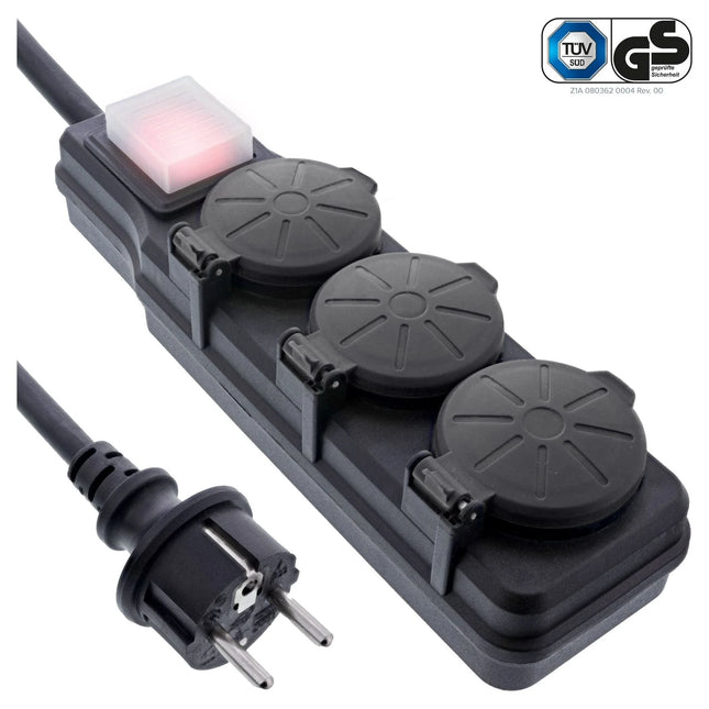 10 meter IP44 Outdoor stekkerdoos met 3 contacten en schakelaar - Zwart