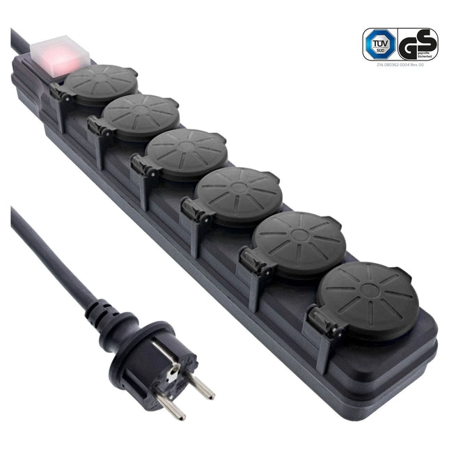 10 meter IP44 Outdoor stekkerdoos met 6 contacten en schakelaar - zwart