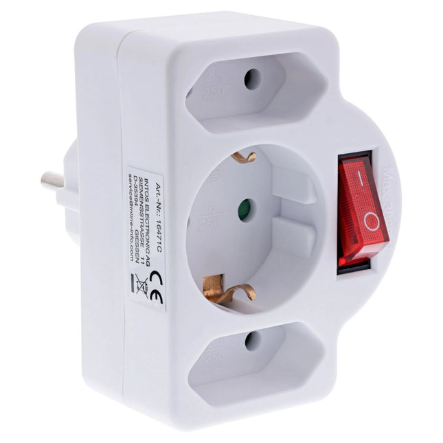 Wandcontactdoosadapter met schakelaar – 2x Euro + 1x Schuko - wit