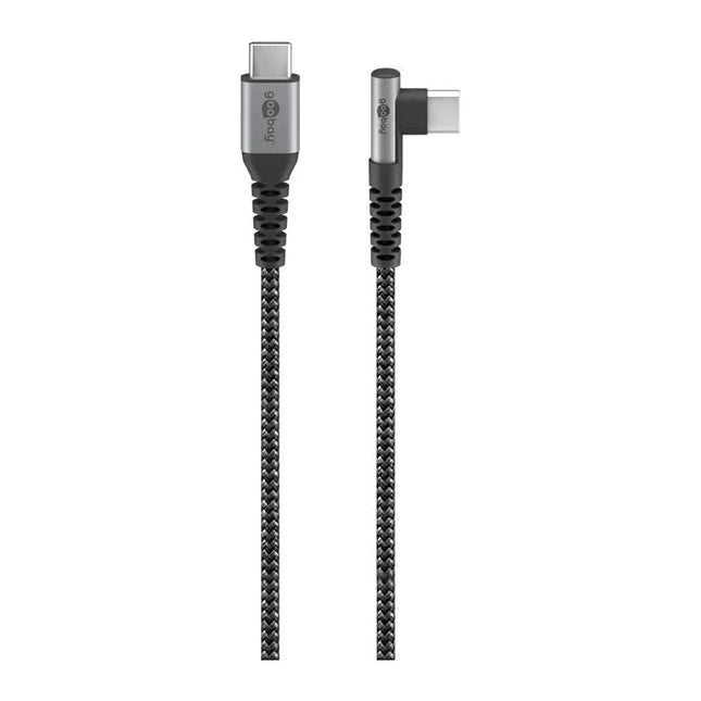 2 meter USB C naar USB C textielkabel -  90° haaks - 60 watt - grey/silver