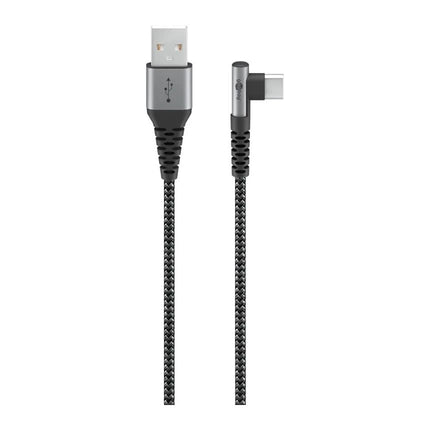 2 meter USB-C naar USB-A textielkabel met metalen stekkers – haaks (90°) – zwart/grijs