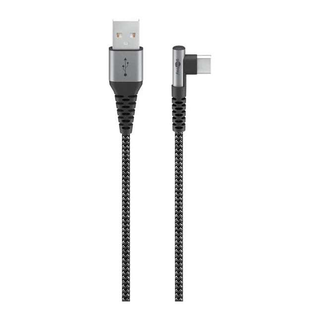 50 cm USB-C naar USB-A textielkabel met metalen stekkers – haaks (90°) – zwart/grijs