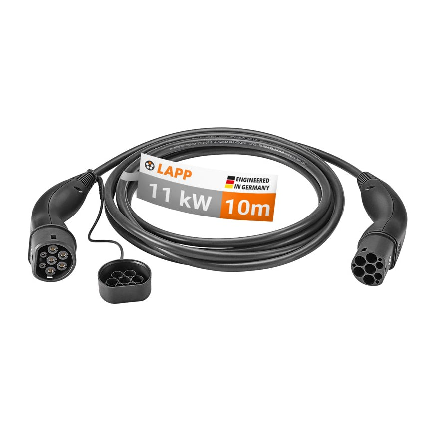 10 meter LAPP Type 2 laadkabel – 11 kW – 20 A – 3-fase – zwart