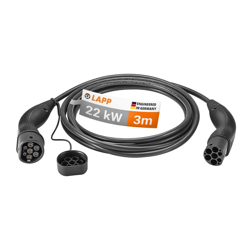 3 meter LAPP Type 2 laadkabel – 22 kW – 32 A – 3-fase – zwart