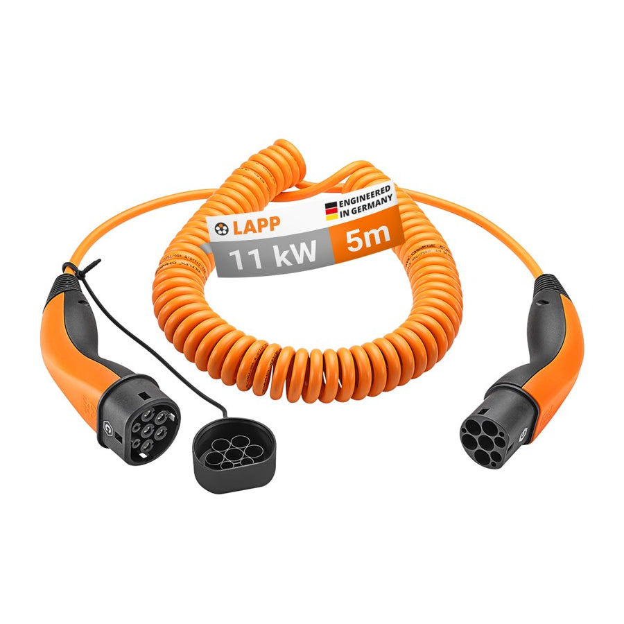 5 meter LAPP Type 2 spiraal-laadkabel – 11 kW – 20 A – 3-fase – oranje
