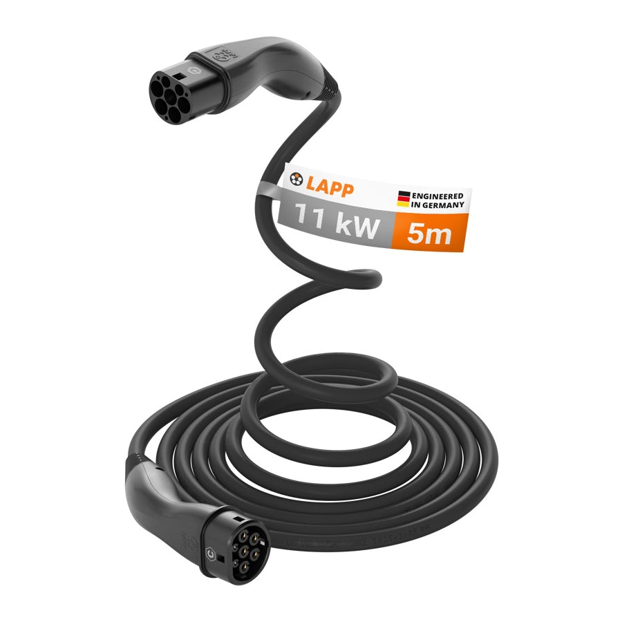 5 meter LAPP HELIX Type 2 laadkabel – 11 kW – 20 A – 3-fase – zwart