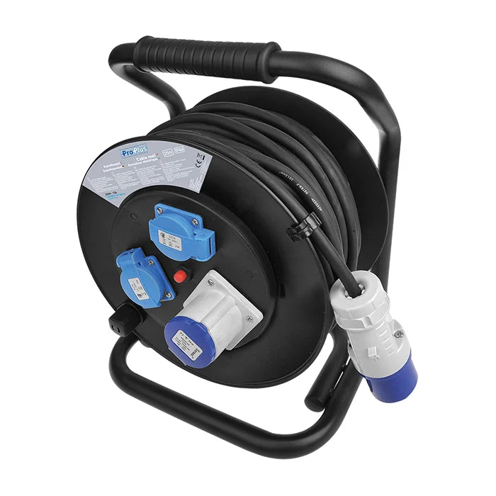 25 meter ProPlus CEE camping kabelhaspel – 2× Schuko + CEE – 1,5 mm² - Zwart