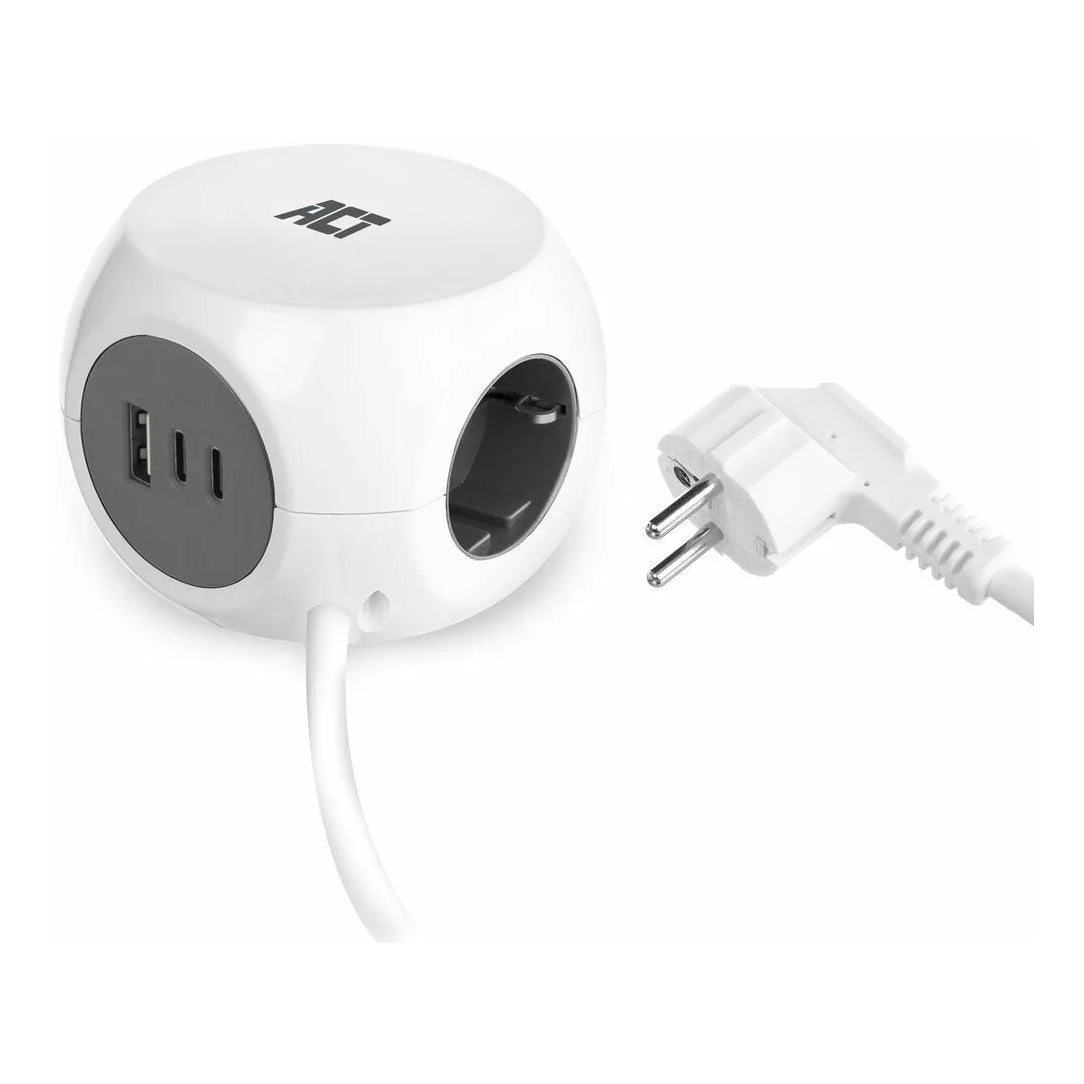 ACT AC2420 Power Block stekkerdoos – 1,5 meter – 3 stopcontacten en 3 USB-poorten – Wit