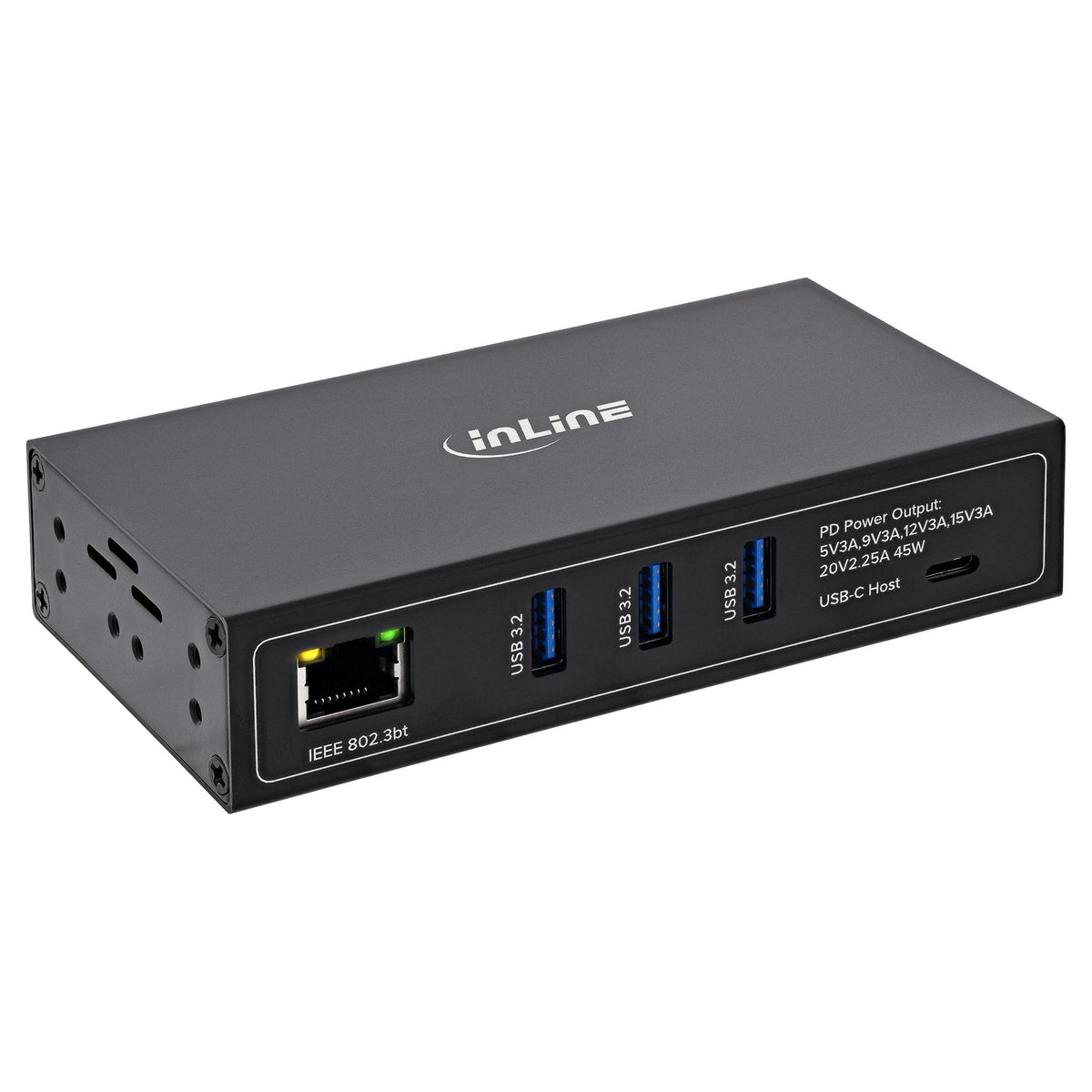InLine industriële PoE USB-hub – 3× USB-A – USB-C – Gigabit Ethernet – 60 W - zwart