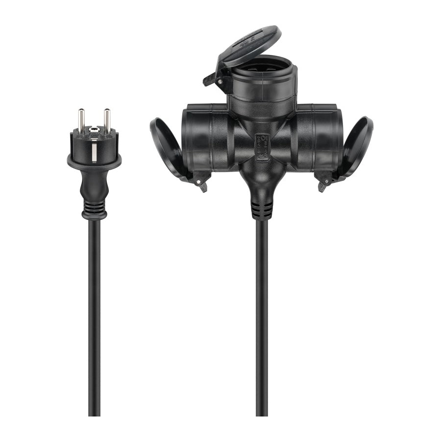 25 meter Goobay drievoudige verlengkabel – 3× Schuko – IP44 – voor buitengebruik - Zwart