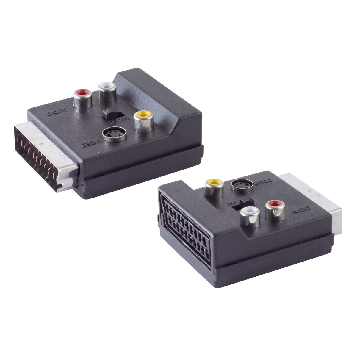 S-conn SCART-adapter – 3× RCA en S-Video – IN/OUT-schakelaar