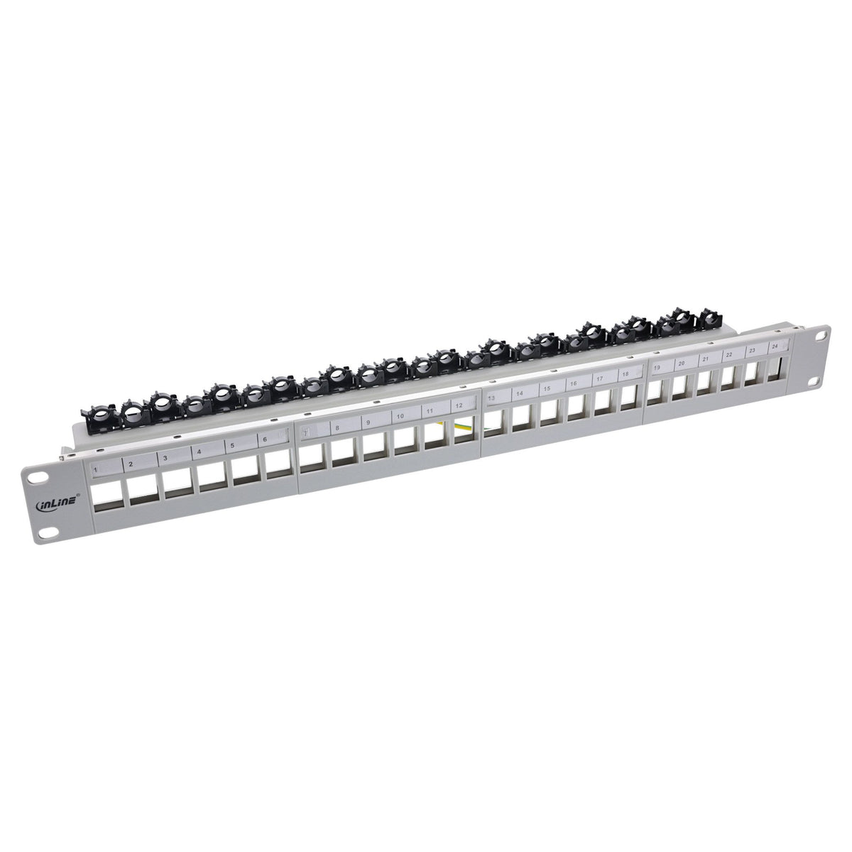 InLine leeg patchpanel 19 inch 1U – 24 poorten – met kabelmanagement – lichtgrijs