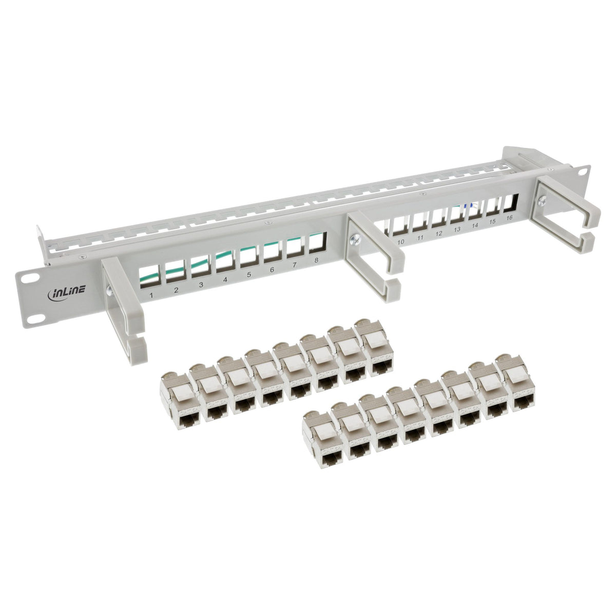 InLine Cat.6A Keystone patchpanel 16-poorts – 19 inch 1U – met 3 kabelgeleiders – grijs