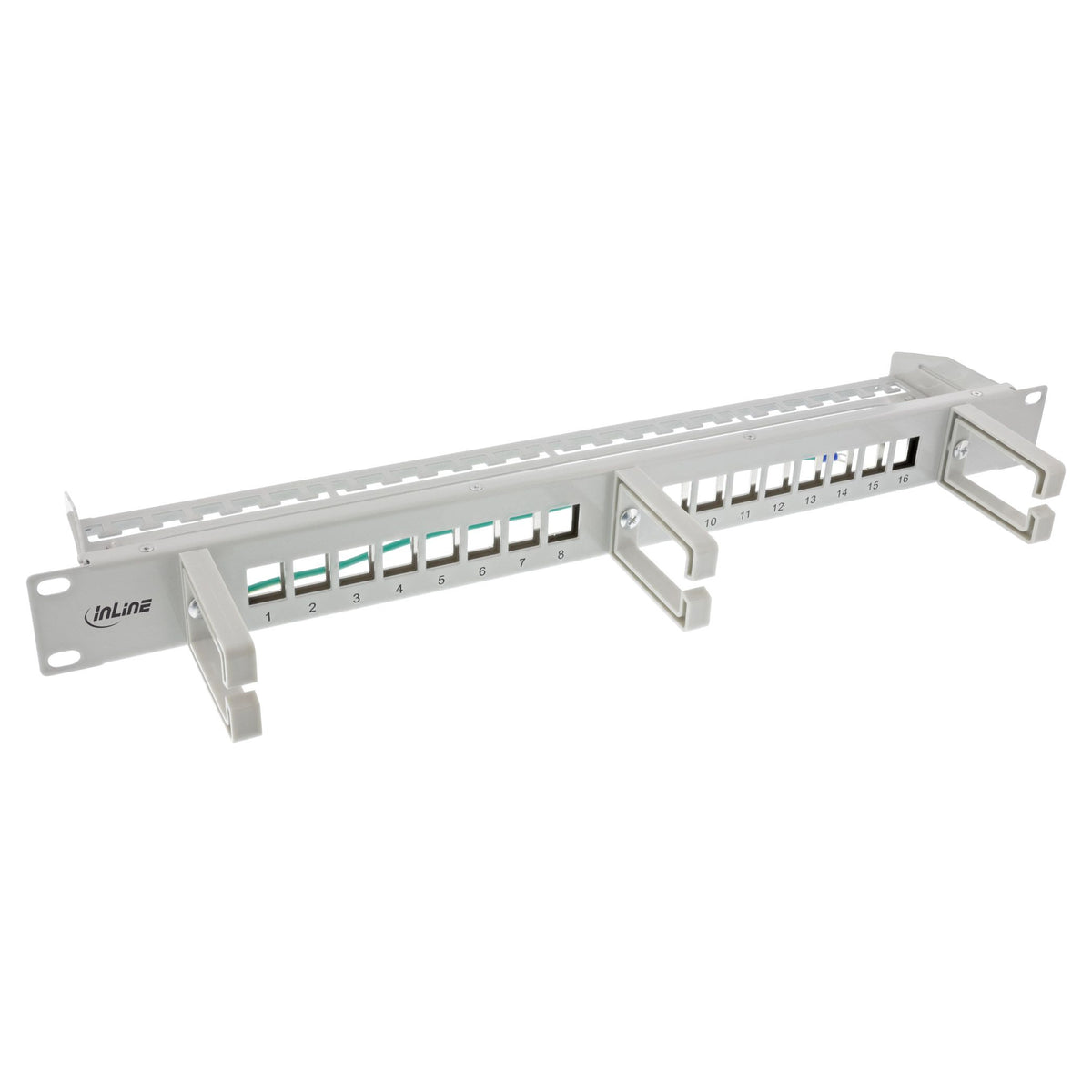 InLine Keystone patchpanel 16-poorts – 19 inch 1U – met kabelgeleiders – lichtgrijs