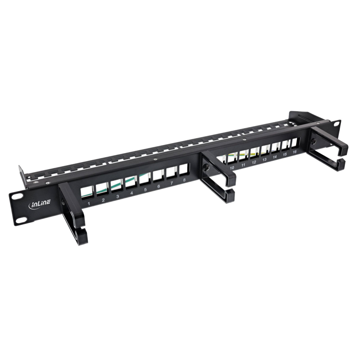InLine Keystone patchpanel 16-poorts – 19 inch 1U – met kabelgeleiders – zwart