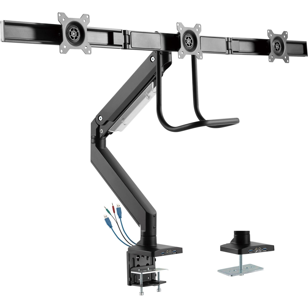 InLine verstelbare monitorarm voor 3 schermen met gasveer en USB 3.2 Gen.1 – 17 tot 27 inch – Zwart