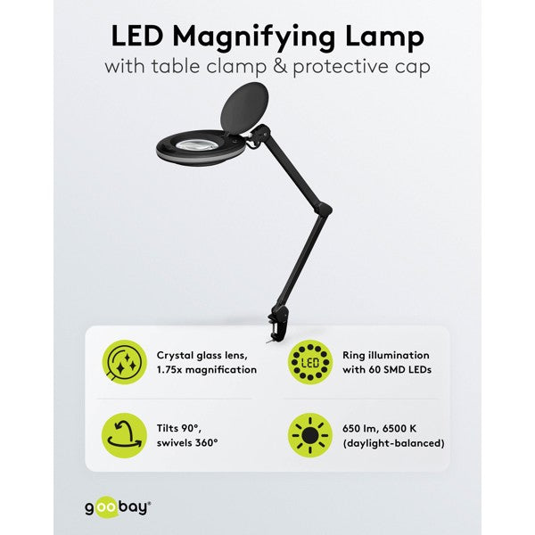 LED-Loeplamp met Tafelklem – Kristalglazen Lens – 8 W – 1,75x Vergroting – Zwart