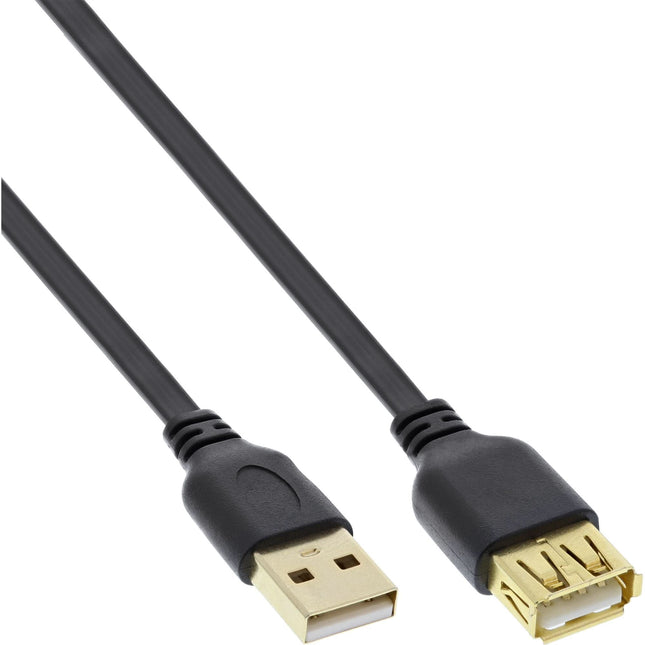 USB 2.0 verlengkabel Verguld - Male USB A naar female USB A - 1,5 meter - Zwart, plat snoer