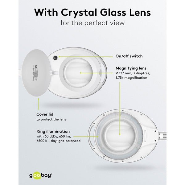 LED-Loeplamp met Tafelklem – Kristalglazen Lens – 8 W – 1,75x Vergroting – Wit