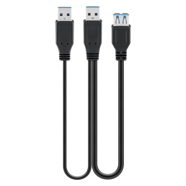 USB 3.0 kabel - 2 x USB A (m) - 1 x USB A (v) - 30 cm - zwart