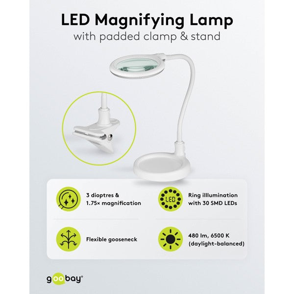 LED-Loeplamp 2-in-1 met Tafelvoet en Klem – 6 W – 1,75x Vergroting – Wit