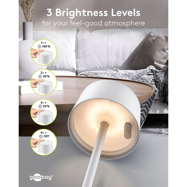 Draadloze LED-Tafellamp – 25 cm – Warm Wit – 3 Helderheidsstanden – Wit