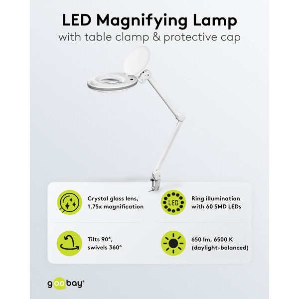 LED-Loeplamp met Tafelklem – Kristalglazen Lens – 8 W – 1,75x Vergroting – Wit