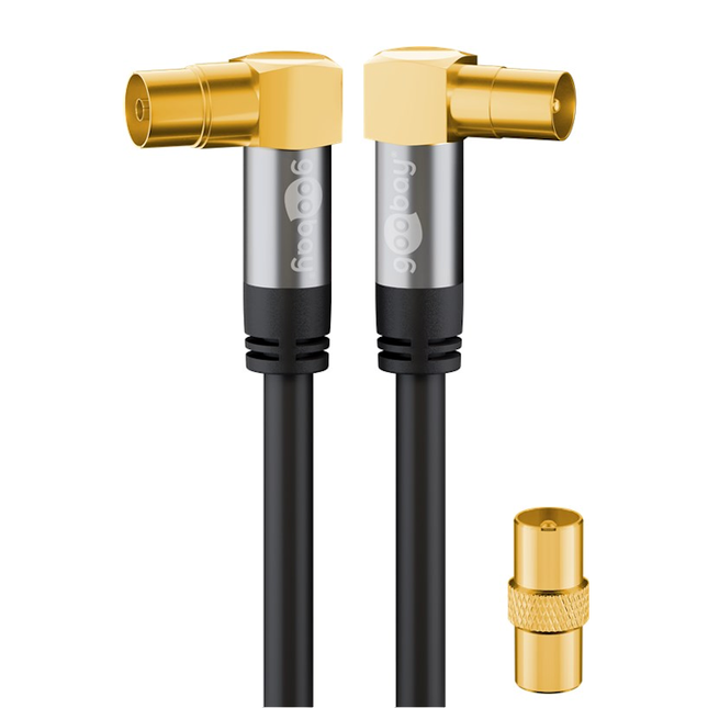 Goobay coaxkabel - 5 meter - 4-voudig afgeschermd - Coax (IEC) mannelijk naar vrouwelijk - 100% koper - Zwart - 2 x haaks