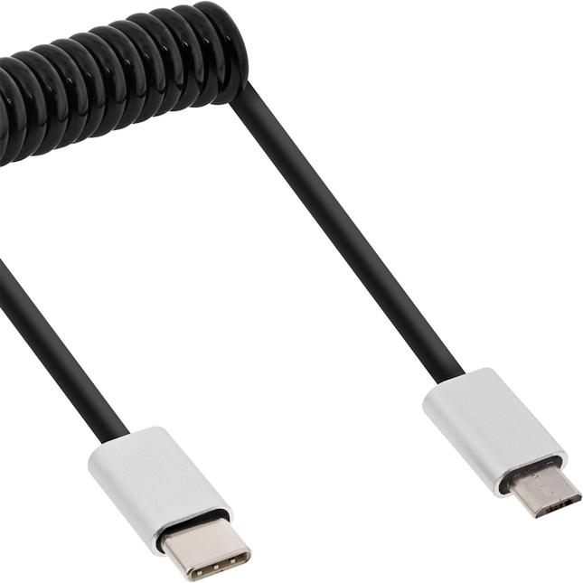 Inline USB Micro B naar USB-C spiraalkabel - USB 2.0 - 3 meter - Tot 2A - Zwart