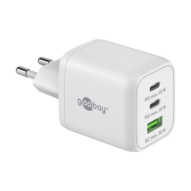 Goobay 65 Watt snellader - 2 x USB C PD + 1 x USB A QC - GaN lader - Met PPS - Wit
