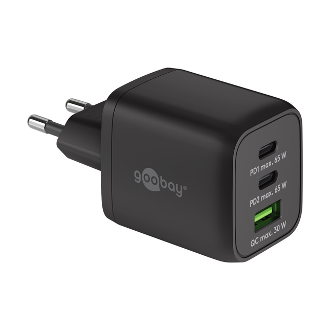 Goobay 65 Watt snellader - 2 x USB C PD + 1 x USB A QC - GaN lader - Met PPS - Zwart