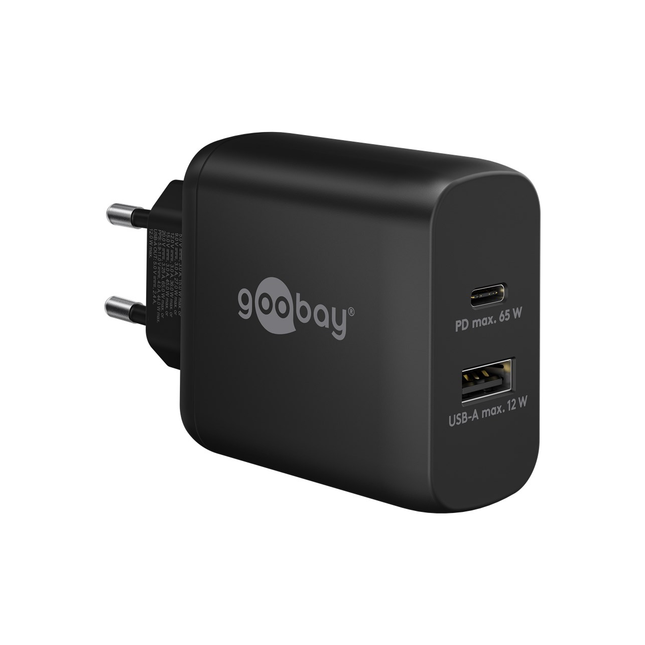 Goobay 65 Watt kleine snellader - 1 x USB C PD + 1 x USB A - GaN lader - Met PPS - Zwart