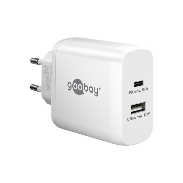 Goobay 65 Watt kleine snellader - 1 x USB C PD + 1 x USB A - GaN lader - Met PPS - Wit