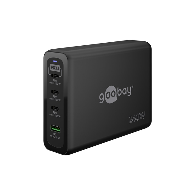 Goobay desktop lader - 3 x USB C PD + 1 x USB A QC - GaN lader - Zwart