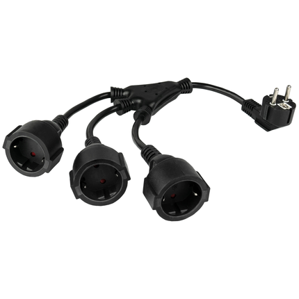 W-stroomkabel met randaarde - stekker (CEE 7/7, haaks) naar 3-voudig stopcontact – 20 cm – Zwart - Koper