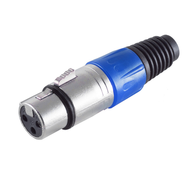 XLR 3-pins connector (vrouwelijk) – recht – met plastic trekontlasting – grijs/blauw