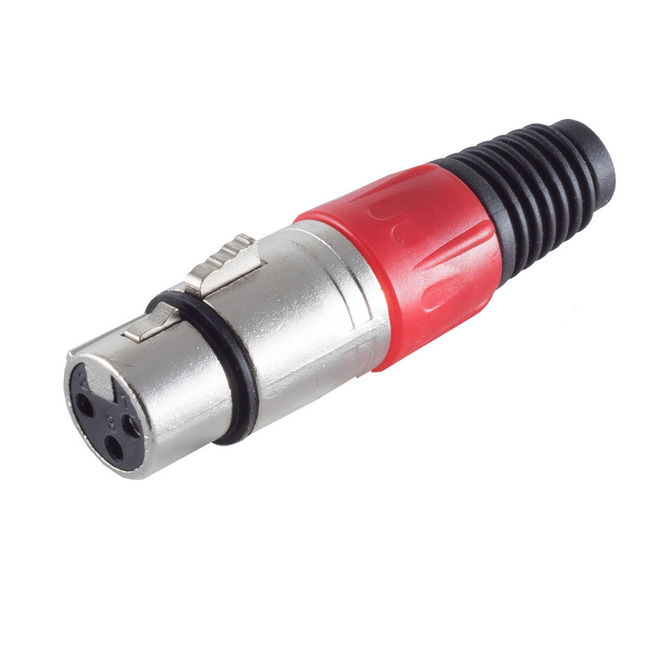 XLR 3-pins connector (vrouwelijk) – recht – met plastic trekontlasting – grijs/rood
