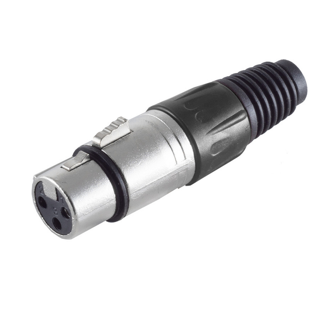 XLR 3-pins connector (vrouwelijk) – recht – met plastic trekontlasting – grijs/zwart