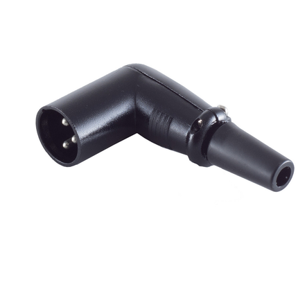 XLR 3-pins connector (mannelijk) – 90° haaks – Rubberen trekontlasting – zwart