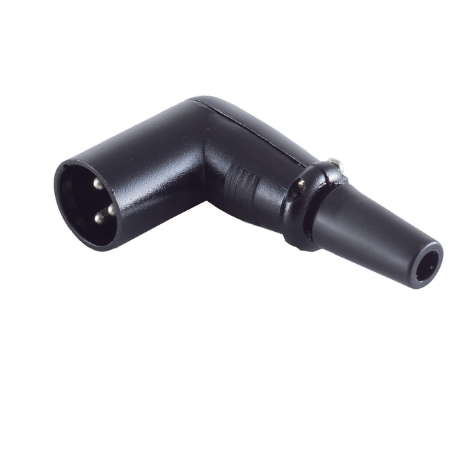 XLR 3-pins connector (mannelijk) – 90° haaks – Rubberen trekontlasting – zwart