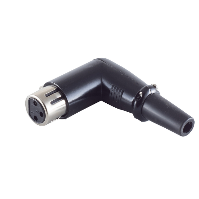 XLR 3-pins haakse (90°)  connector (vrouwelijk) – rubberen trekontlasting – zwart