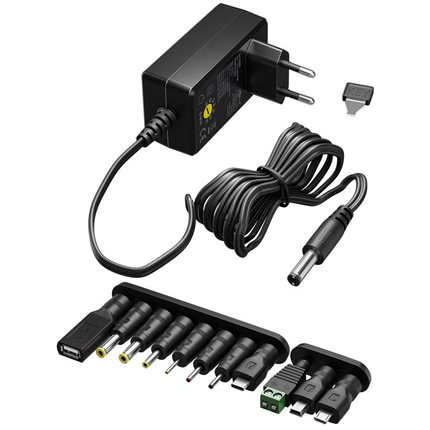Universele voedingsadapter - 5–15V DC - 36W - 2,4A - 11 Verwisselbare Pluggen - 1,8 meter
